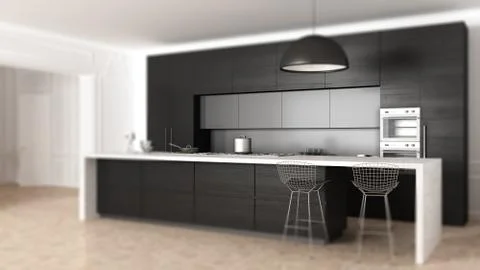 Interior design depth of field, contemporary classic black kitchen, island wi Stock-Illustration