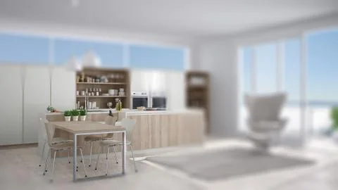 Interior design depth of field, contemporary white kitchen with wooden detail Stock-Illustration