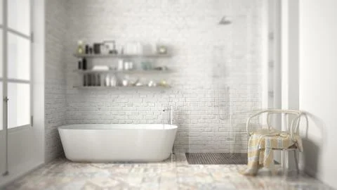 Interior design depth of field, contemporary scandinavian bathroom, classic w Stock-Illustration