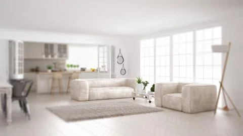 Interior design depth of field, contemporary minimalist white living and kitc Stock-Illustration