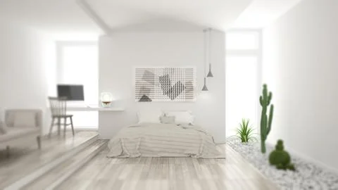 Interior design depth of field, contemporary white bedroom with succulent gar Stock-Illustration