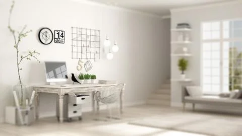 Interior design depth of field, contemporary home workplace, scandinavian whi Stock Illustration