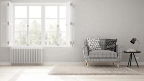 Interior design depth of field, contemporary minimalist living room, simple w Stock-Illustration