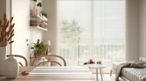 Interior design depth of field, cosy living room and dining room. Wooden tabl Stock-Illustration