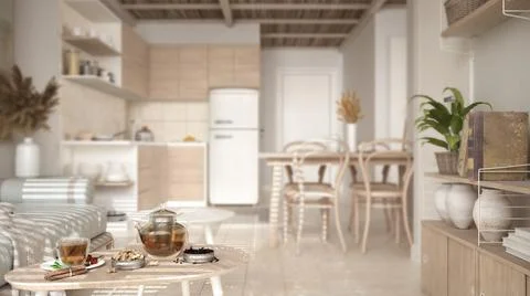 Interior design depth of field, cosy living room and kitchen. Dining table wi Illustrazione stock