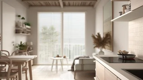 Interior design depth of field, cosy living room and kitchen. Table with chai Stock-Illustration