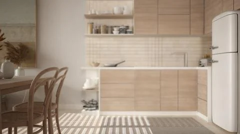 Interior design depth of field, cosy dining room and kitchen. Table with chai Stock-Illustration