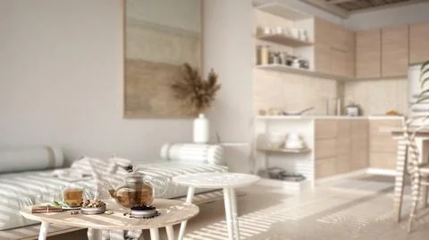 Interior design depth of field, cosy wooden sustainable kitchen and living ro Stock-Illustration