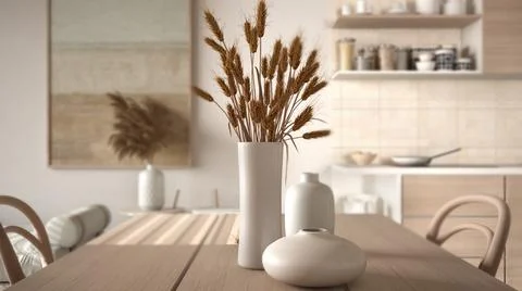 Interior design depth of field, cosy living room and kitchen. Dining table wi Illustrazione stock