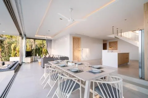 Interior design of dining area in pool villa, house, home, condo and apartmen Stock Photos