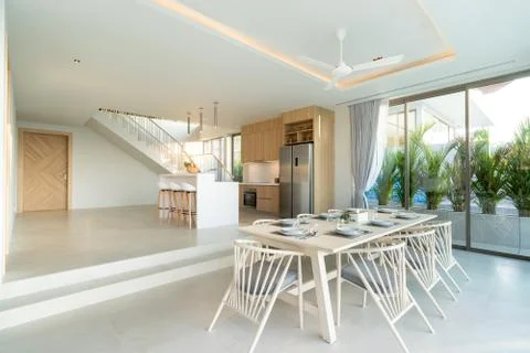 Interior design of dining area in pool villa, house, home, condo and apartmen Stock Photos