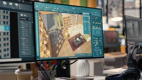 Interior design, on dual monitors, empty office PC, runs architectural software Stock Photos