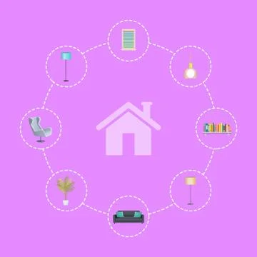 Interior Design Elements in Circles around House Illustrazione stock