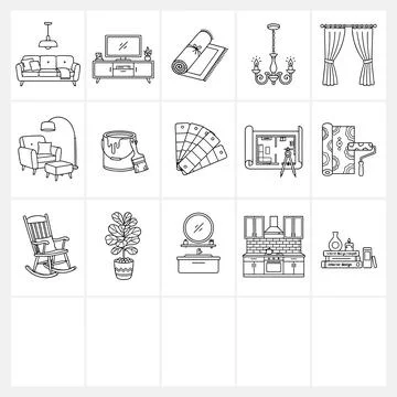 Interior design elements line art icons set: sofa, TV stand, rolled rug, ch.. Illustrazione stock