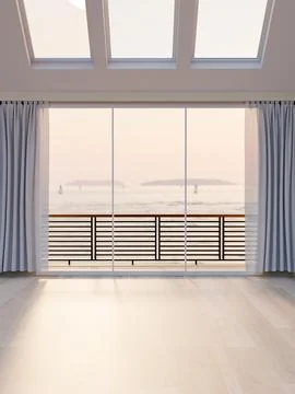 The interior design of an empty contemporary room features a window and a b.. Foto stock