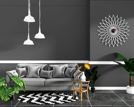 Interior design empty room black wall and granite tile floor mock up. 3D rend Illustrazione stock