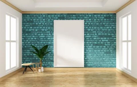 Interior design empty room mint brick wall and wooden floor mock up. 3D rende Illustrazione stock