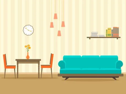 Interior design in flat style of living room with furniture, sofa, , table, b Stock Illustration