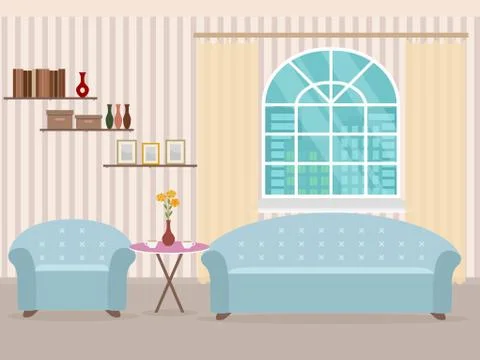 Interior design in flat style of living room with furniture, sofa, table, boo Stock Illustration