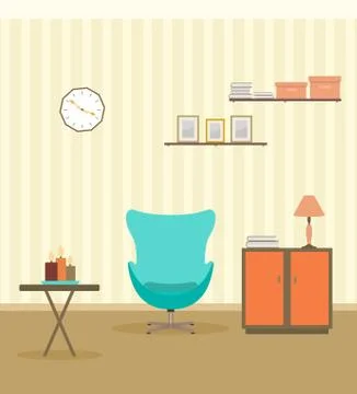 Interior design in flat style of living room with furniture, armchair, table, Stock Illustration