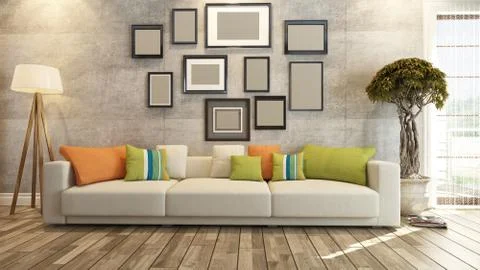 Interior design with frames on concrete wall 3d rendering Stock Illustration