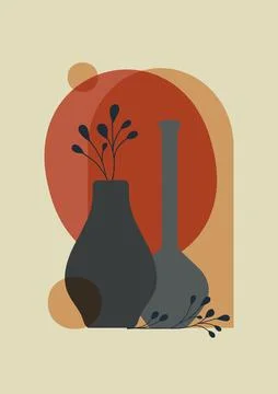 Interior design illustration with vases boho printable art. Aesthetic minimal Stock Illustration