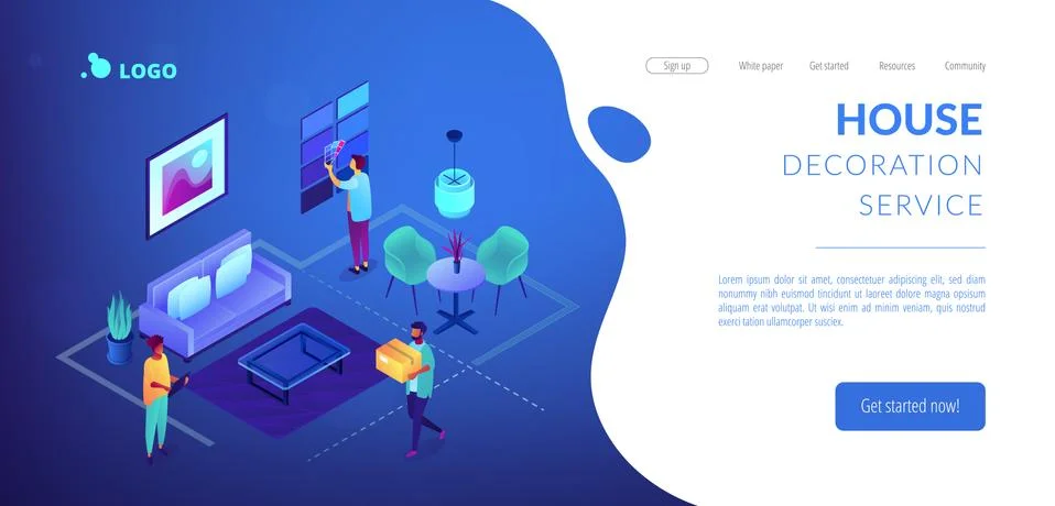 Interior design isometric 3D landing page. Stock Illustration