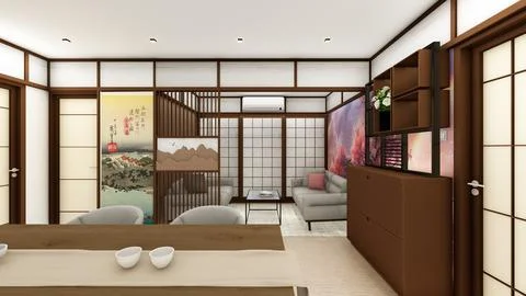Interior Design of a Japandi style dining room with wood panelling and comp.. 스톡 일러스트