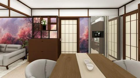 Interior Design of a Japandi style dining room with shoji screens and shoe .. Stock Illustration