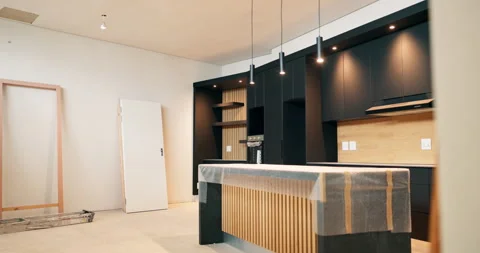 Interior design, kitchen and real estate with cover on counter in new home for Stock Footage 337017231