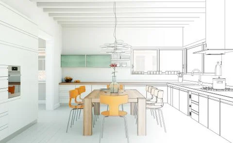 Interior Design Kitchen Drawing Gradation Into Photograph Stock Illustration