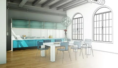 Interior Design Kitchen Drawing Gradation Into Photograph Illustrazione stock