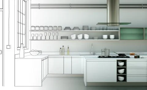 Interior Design Kitchen Drawing Gradation Into Photograph Stock Illustration