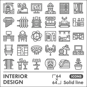 Interior design line icon set, home decoration symbols collection or sketches 스톡 일러스트