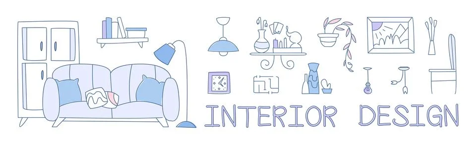 Interior Design Line Object and Elements Vector Set Stock Illustration