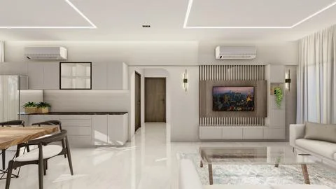 Interior design of a living room with false ceiling and lighting 3d rendering Illustrazione stock
