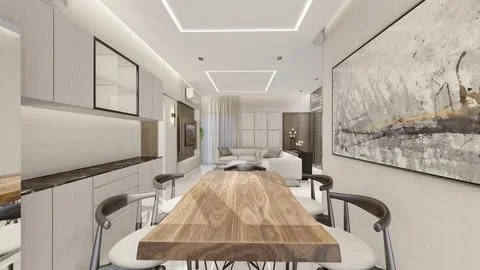 Interior design of a living room with false ceiling and lighting 3d rendering Stock Illustration