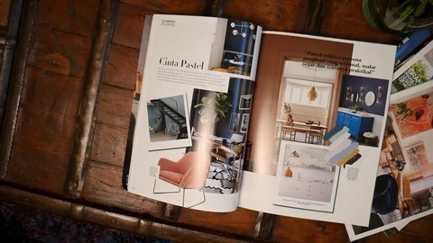 Interior Design Magazines On Wooden Table Overlay Shot Stock Footage 129497374