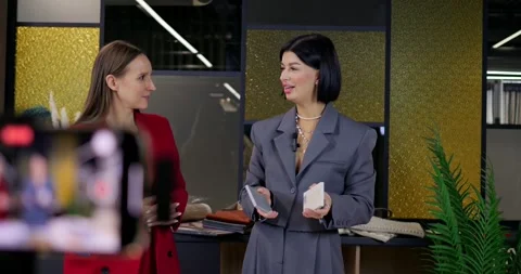 Interior design masterclass by professional bloggers. Two women in elegant Stock Footage 276616770