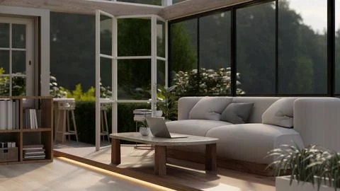 Interior design of a modern and comfortable home living room with a deck wi.. Stock Illustration