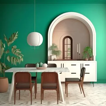 Interior design of modern dining room, marble table and wooden chairs. Wooden Stock Illustration