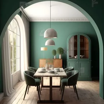 Interior design of modern dining room, marble table and wooden chairs. Wooden Stock Illustration
