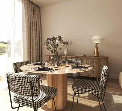 Interior design of modern dining room with orange furniture and wooden table Illustrazione stock