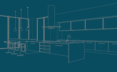 Interior Design modern Kitchen Drawing Plan Stock Illustration