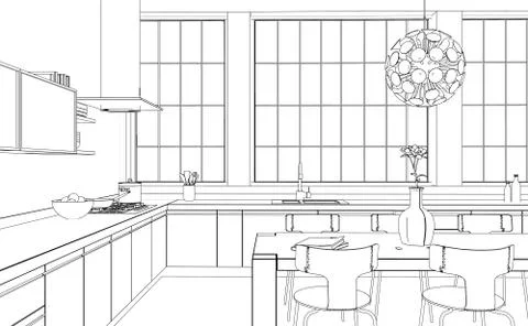 Interior Design modern Kitchen Drawing Plan Stock Illustration