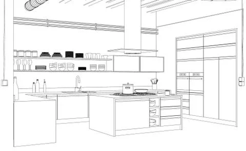 Interior Design modern Kitchen Drawing Plan Stock Illustration