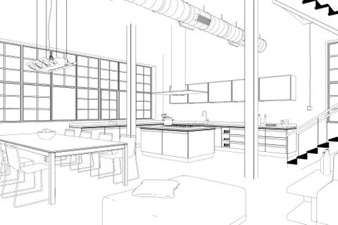Interior Design modern Loft custom Drawing Stock Illustration