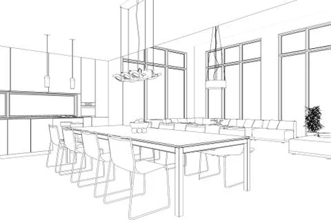 Interior Design modern Loft Dining Room custom Drawing Stock Illustration