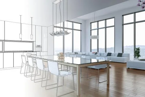Interior Design Modern Loft Drawing Gradation Into Photograph Stock Illustration