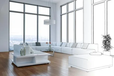 Interior Design Modern Loft Drawing Gradation Into Photograph Stock Illustration